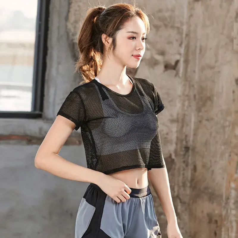 Women's Workout Yoga Tops Sheer Sexy Mesh Gym Exercise Shirts Flowy Crochet Tank Top Workout Exercises T-Shirt Sportwear