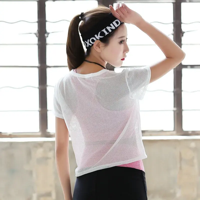 Women's Workout Yoga Tops Sheer Sexy Mesh Gym Exercise Shirts Flowy Crochet Tank Top Workout Exercises T-Shirt Sportwear