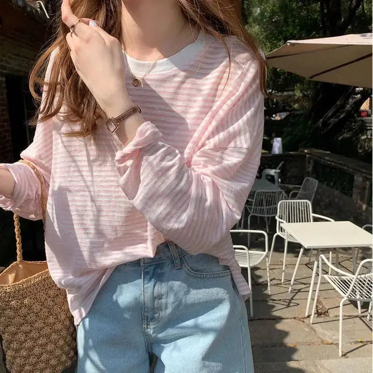 Women's Sun Protection Clothing Tops Round Neck Sweaters Striped Long Sleeved Hollowed Out Sun Protection Crochet Top