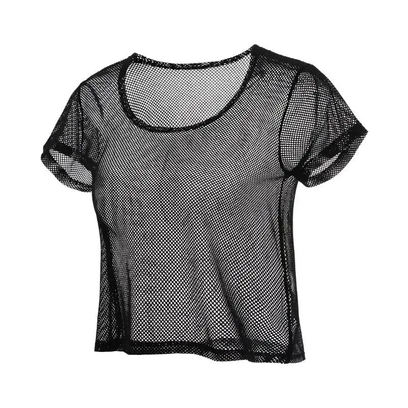 Women's Workout Yoga Tops Sheer Sexy Mesh Gym Exercise Shirts Flowy Crochet Tank Top Workout Exercises T-Shirt Sportwear