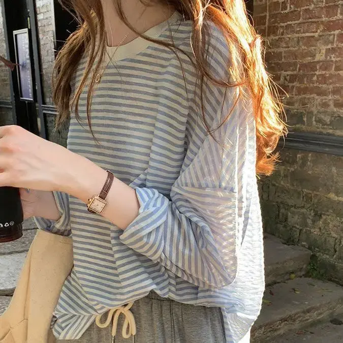 Women's Sun Protection Clothing Tops Round Neck Sweaters Striped Long Sleeved Hollowed Out Sun Protection Crochet Top