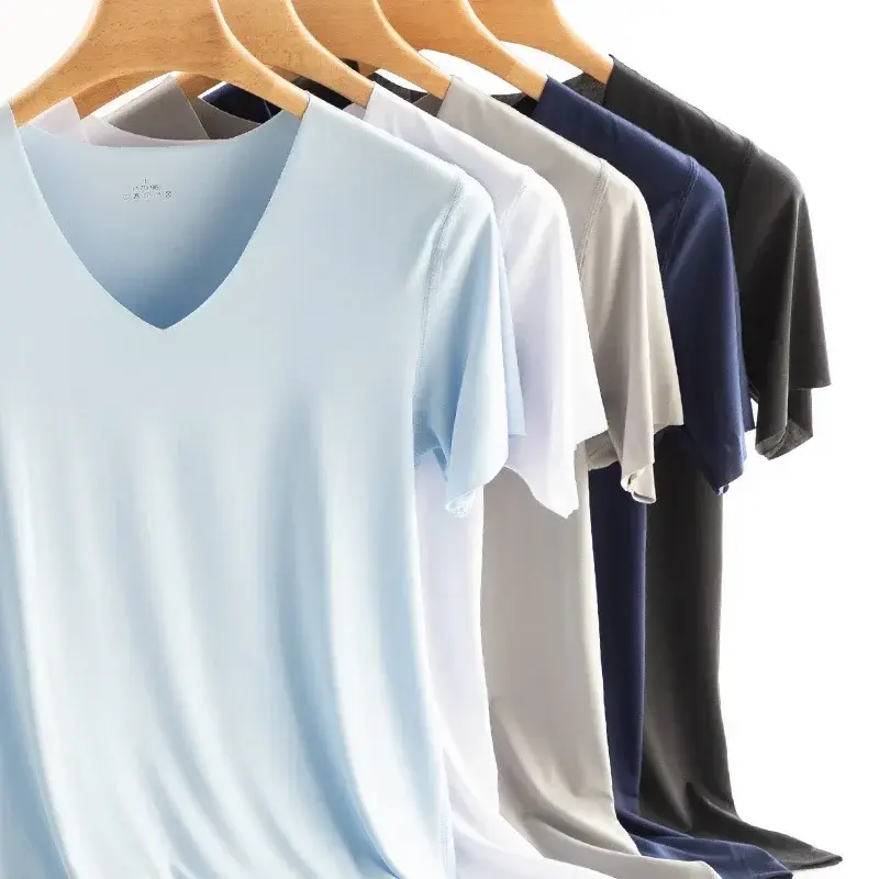 Summer Men's Thin Short Sleeve Ice Silk Solid Color T Shirt Trace Slim V-neck Bottoming Seamless Short Sleeve,gym clothing,tops