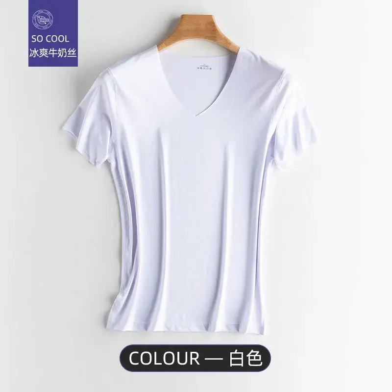 Summer Men's Thin Short Sleeve Ice Silk Solid Color T Shirt Trace Slim V-neck Bottoming Seamless Short Sleeve,gym clothing,tops