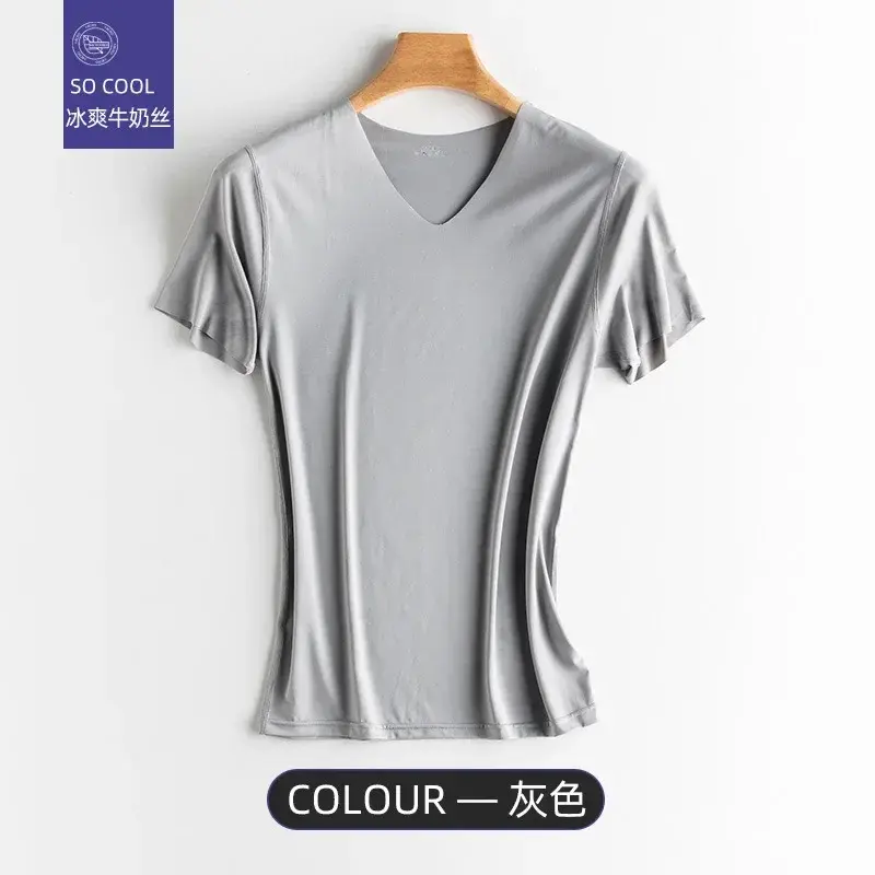 Summer Men's Thin Short Sleeve Ice Silk Solid Color T Shirt Trace Slim V-neck Bottoming Seamless Short Sleeve,gym clothing,tops