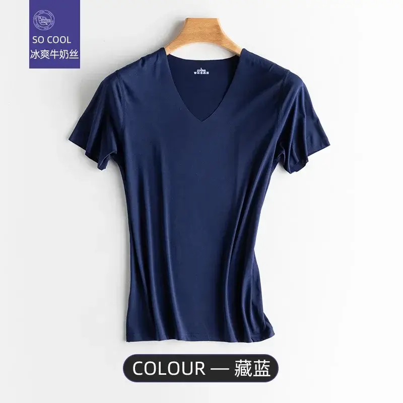 Summer Men's Thin Short Sleeve Ice Silk Solid Color T Shirt Trace Slim V-neck Bottoming Seamless Short Sleeve,gym clothing,tops