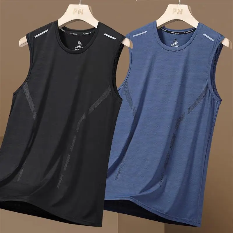 Men's Summer Ice Silk Large Tank Top gym hombre Quick Drying Cut Sleeves Mesh Sleeveless T-shirt Men's Loose Straddle Sports Cuf