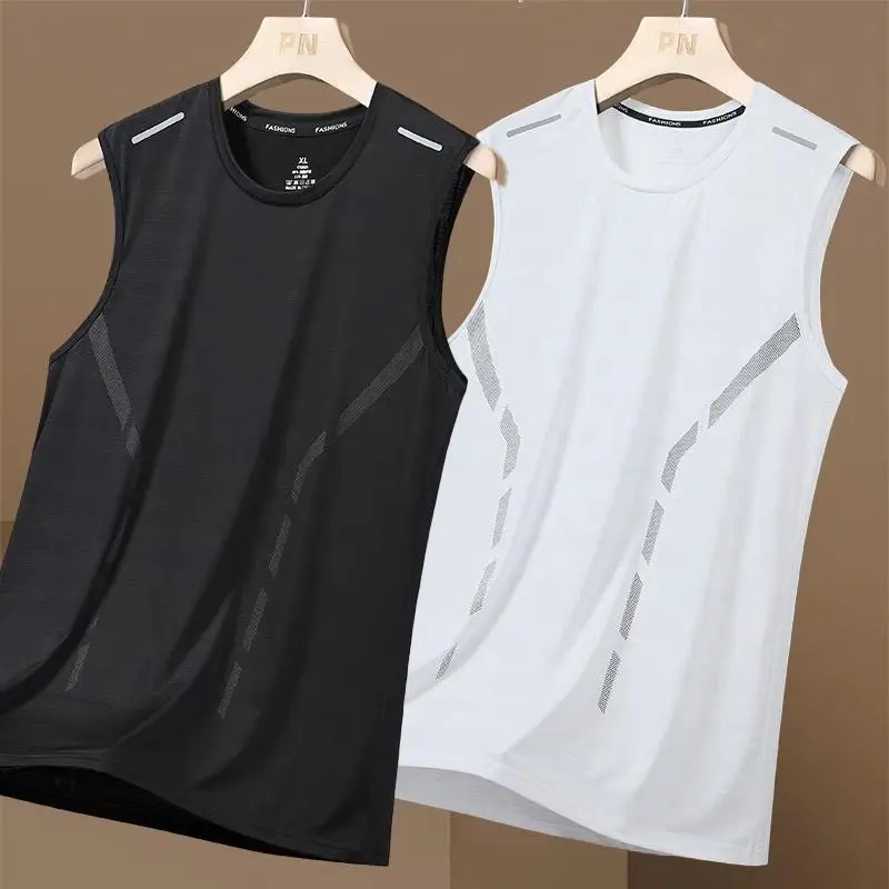Men's Summer Ice Silk Large Tank Top gym hombre Quick Drying Cut Sleeves Mesh Sleeveless T-shirt Men's Loose Straddle Sports Cuf