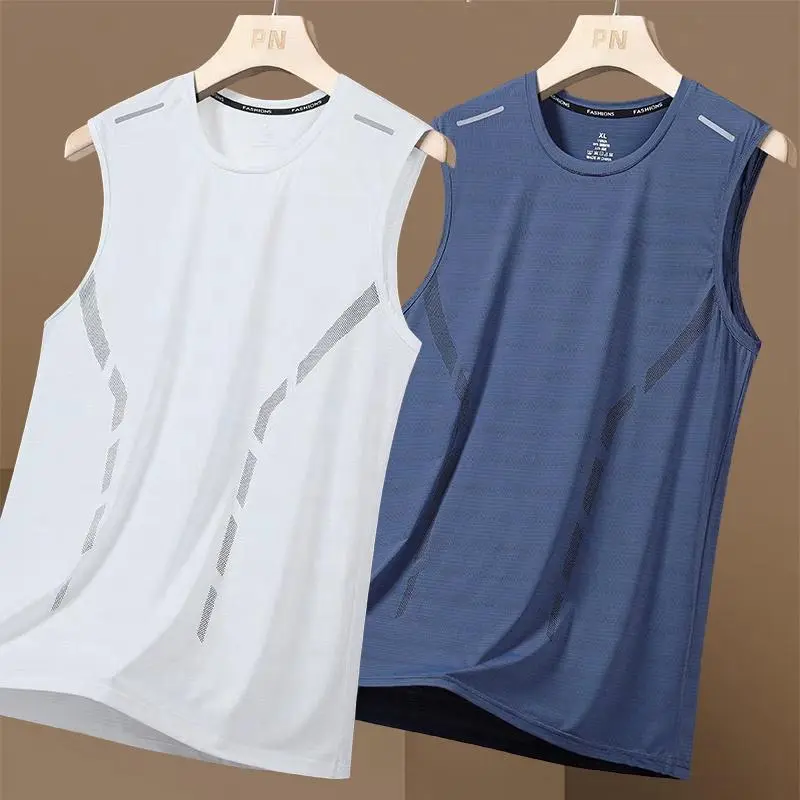 Men's Summer Ice Silk Large Tank Top gym hombre Quick Drying Cut Sleeves Mesh Sleeveless T-shirt Men's Loose Straddle Sports Cuf