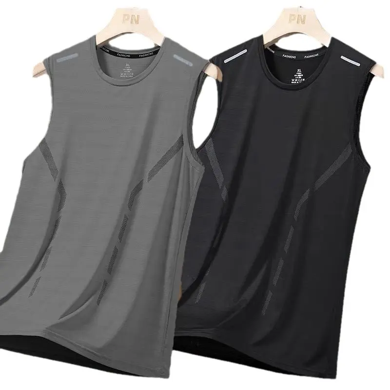 Men's Summer Ice Silk Large Tank Top gym hombre Quick Drying Cut Sleeves Mesh Sleeveless T-shirt Men's Loose Straddle Sports Cuf