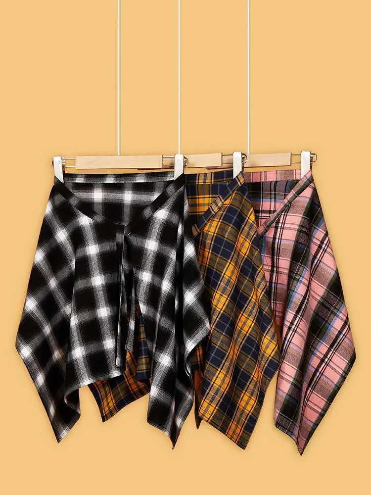 New Retro Plaid Women's Half Skirt One-piece Interior American Style Hot Girl Half-length Belted Korean Style Asymmetric Skirt