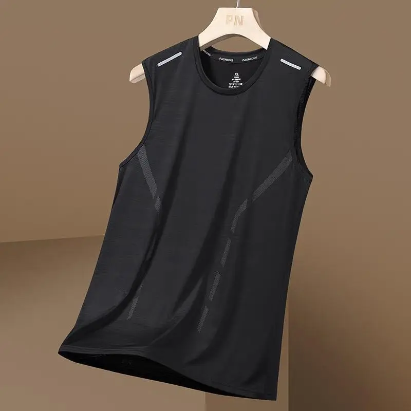 Men's Summer Ice Silk Large Tank Top gym hombre Quick Drying Cut Sleeves Mesh Sleeveless T-shirt Men's Loose Straddle Sports Cuf