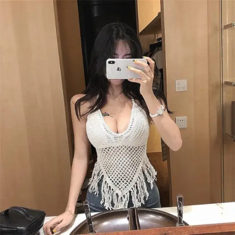 Crochet Top for Women Summer Beach Wear Boho Halter Backless Bikini Tank Tops Tassel Crochet Knit Bra Bralette Cover Up,WhiteTop
