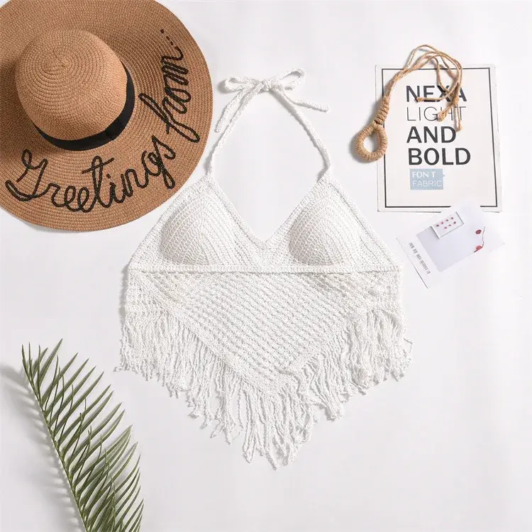 Crochet Top for Women Summer Beach Wear Boho Halter Backless Bikini Tank Tops Tassel Crochet Knit Bra Bralette Cover Up,WhiteTop