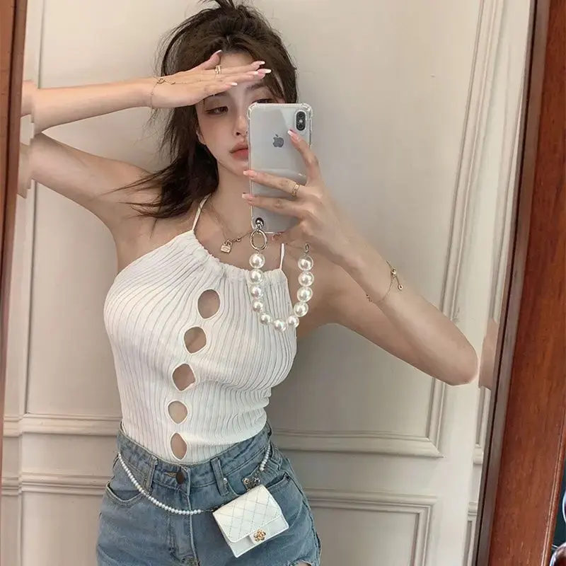 Hollow Out Knitted Cross Halter Tops Y2k Camisole Women Spring Summer Solid Tank Tops Sleeveless Sexy  Bandeau Crop Tops