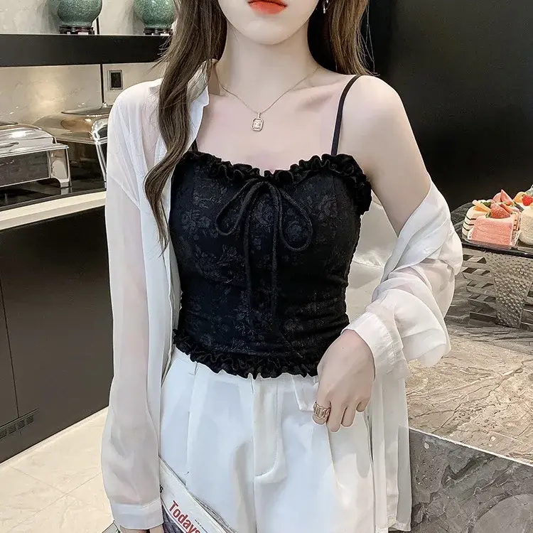 Woman Skinny Backless Camisole Multi-color Embroidery Cute Tank Tops Spicy Girls Lace Spaghetti Strap Top Fishbone Tanks