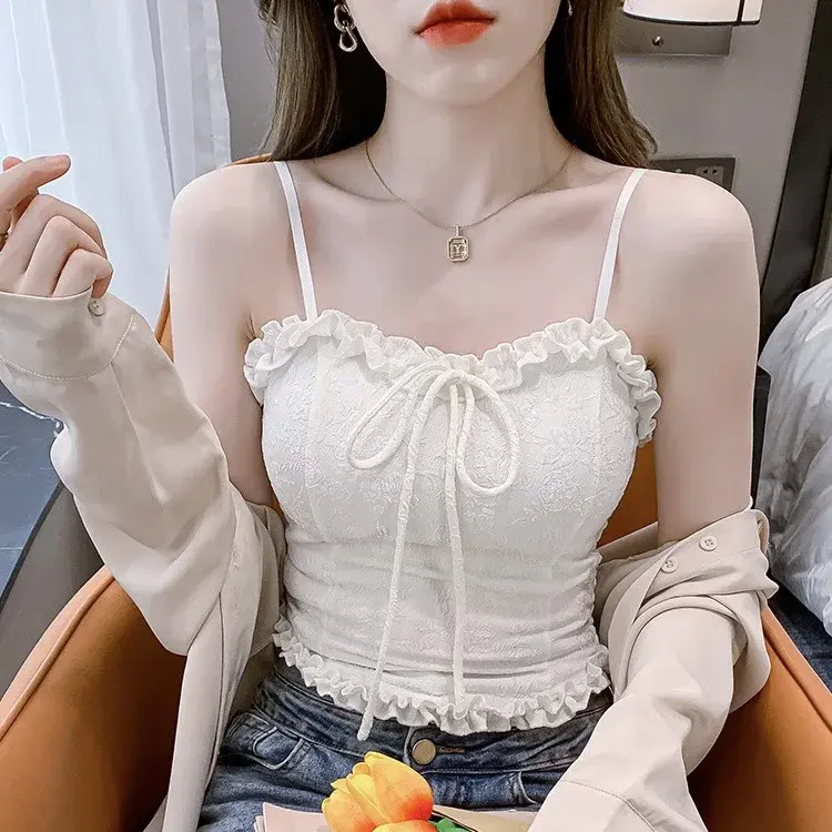 Woman Skinny Backless Camisole Multi-color Embroidery Cute Tank Tops Spicy Girls Lace Spaghetti Strap Top Fishbone Tanks