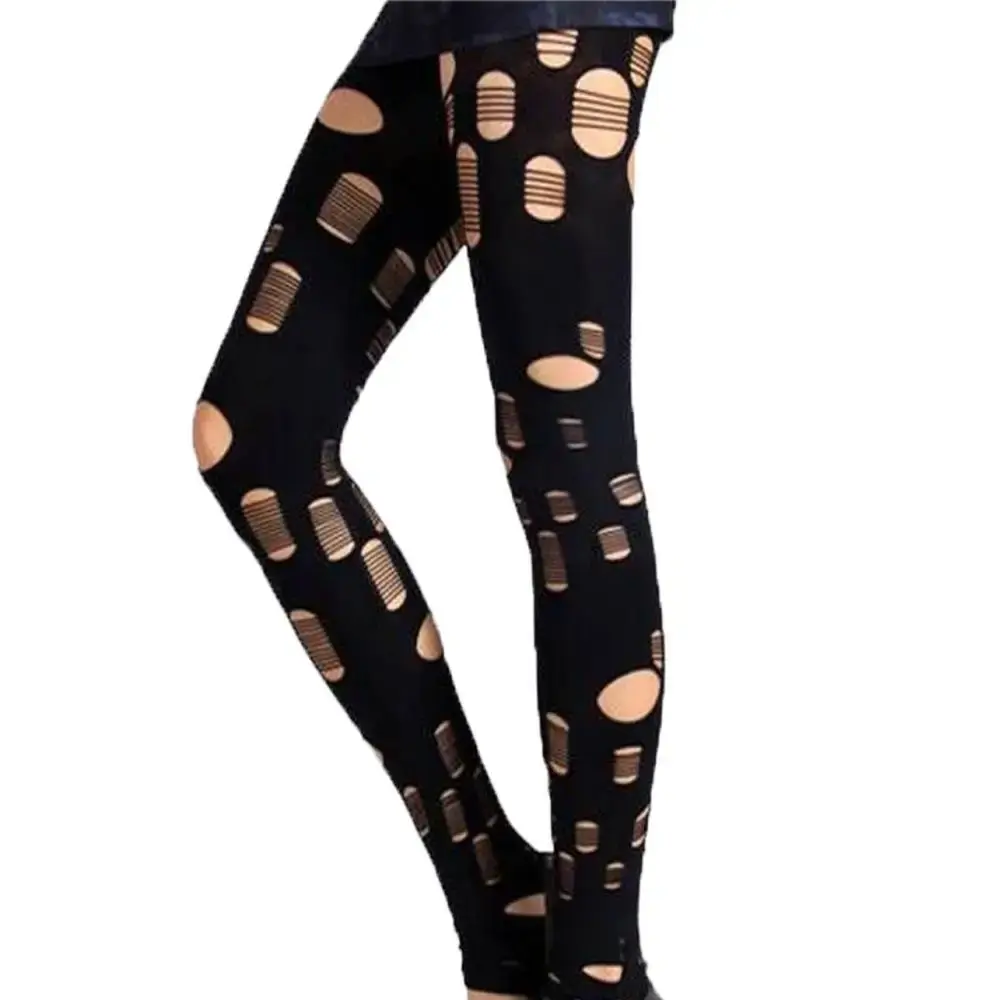2024 Fashion Sexy Ripped Leggings Black Stripe Hollow Out Hole Women Leggings Pencil Pants Through Pants Legging Sets for Women