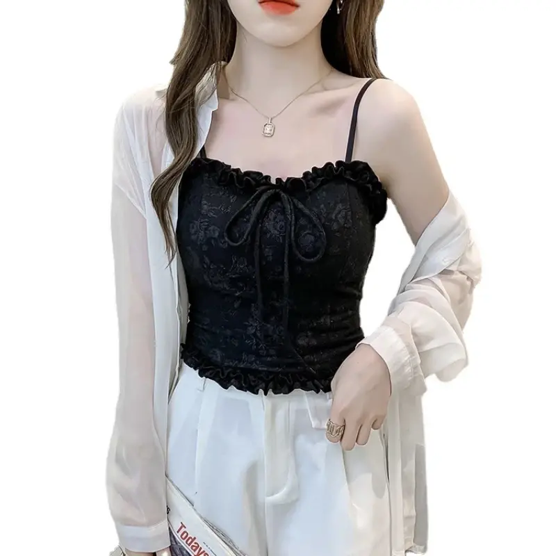Woman Skinny Backless Camisole Multi-color Embroidery Cute Tank Tops Spicy Girls Lace Spaghetti Strap Top Fishbone Tanks