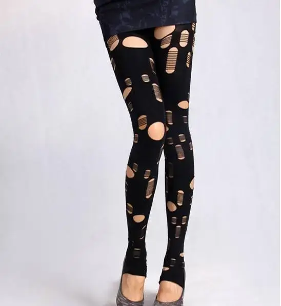 2024 Fashion Sexy Ripped Leggings Black Stripe Hollow Out Hole Women Leggings Pencil Pants Through Pants Legging Sets for Women