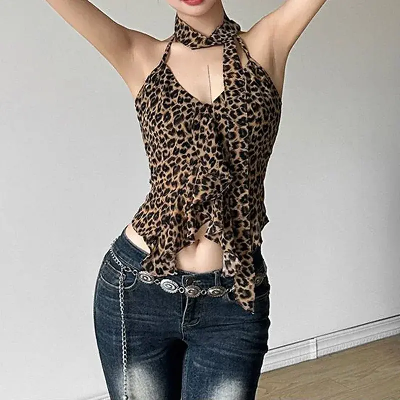 Leopard Printed V-neck Backless Halter Crop Top for Women Summer Thin Vest Sexy Y2K Sleeveless Ruched Top Streetwear
