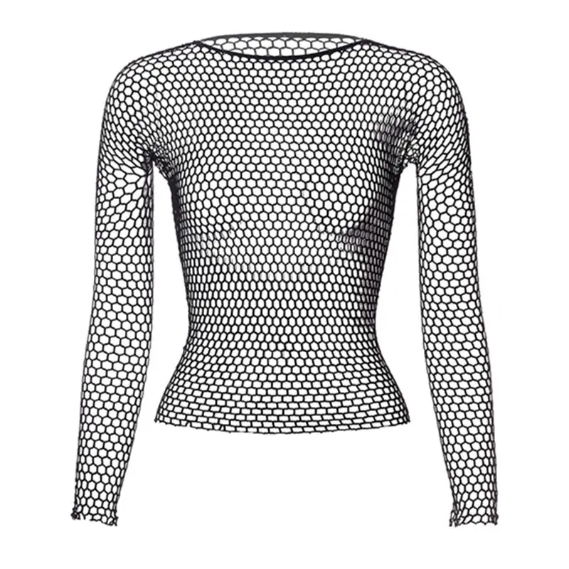Sexy Top Women Black Hollow Out Mesh T-Shirt Female Skinny Crop Top 2022 New Fashion Summer Basic Tops for Women Fishnet Shirt