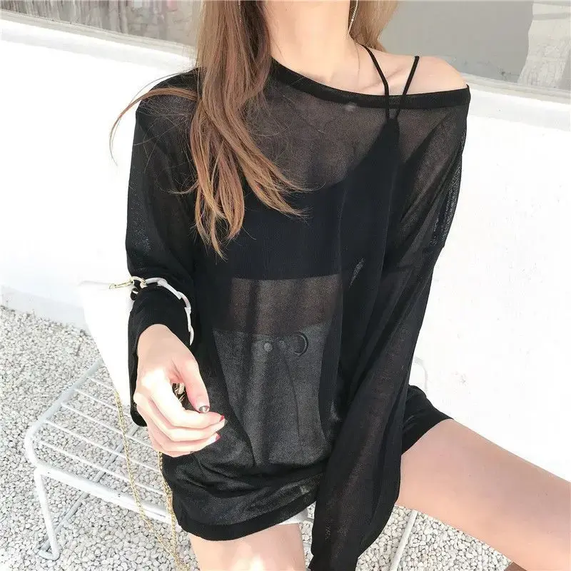 Summer Tshirt Women Beach Thin See Through Oversize Tees Korean Chic White Top High Street Casual Long Sleeve Shirts