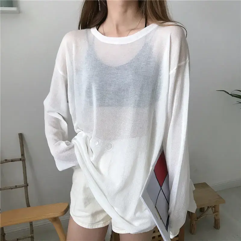 Summer Tshirt Women Beach Thin See Through Oversize Tees Korean Chic White Top High Street Casual Long Sleeve Shirts