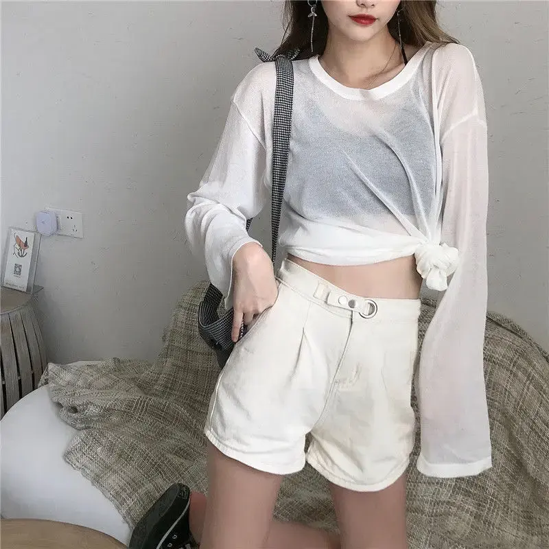 Summer Tshirt Women Beach Thin See Through Oversize Tees Korean Chic White Top High Street Casual Long Sleeve Shirts