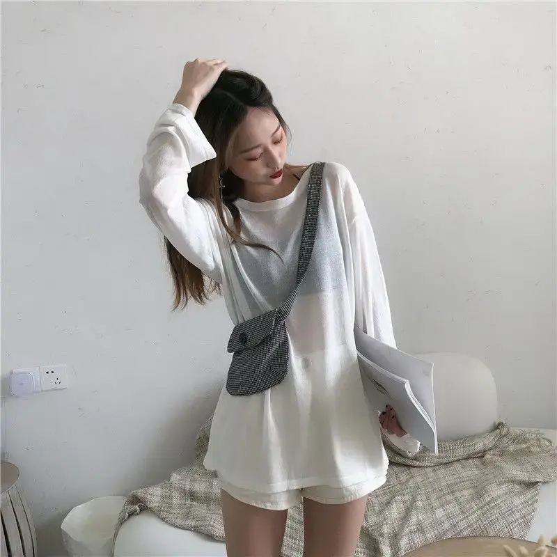 Summer Tshirt Women Beach Thin See Through Oversize Tees Korean Chic White Top High Street Casual Long Sleeve Shirts