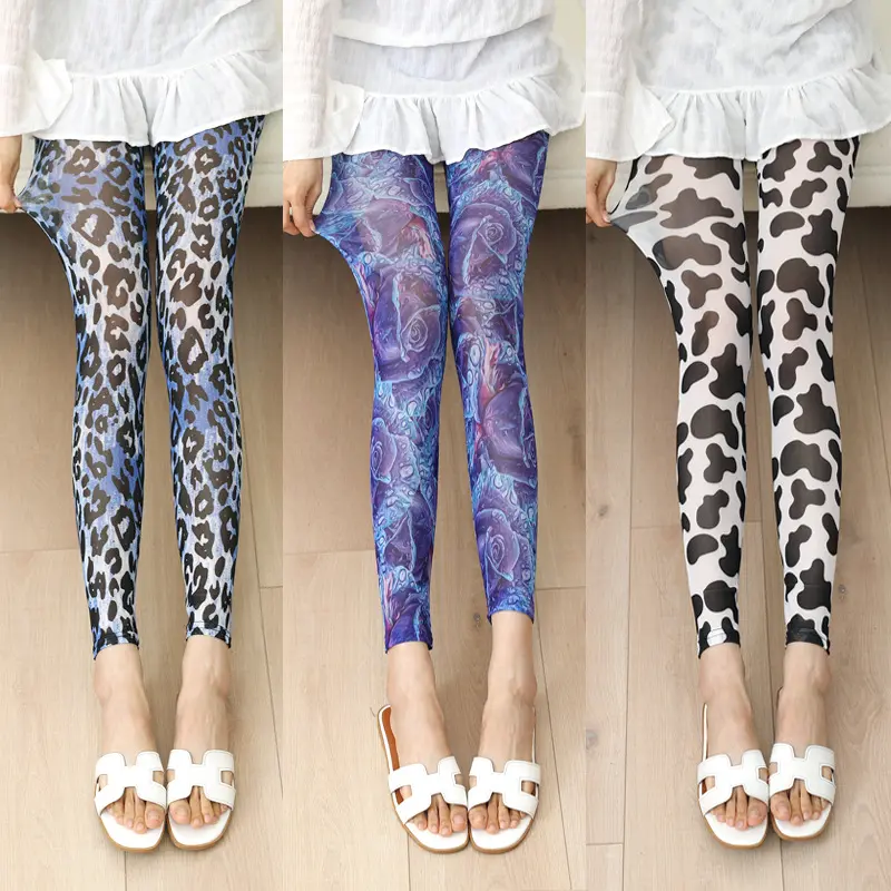 Women Trendy and Fashionable Printed Mesh Leggings, Ice Silk Flower Cartoon Shorts,Sexy Girl Fitness Elastic Pants