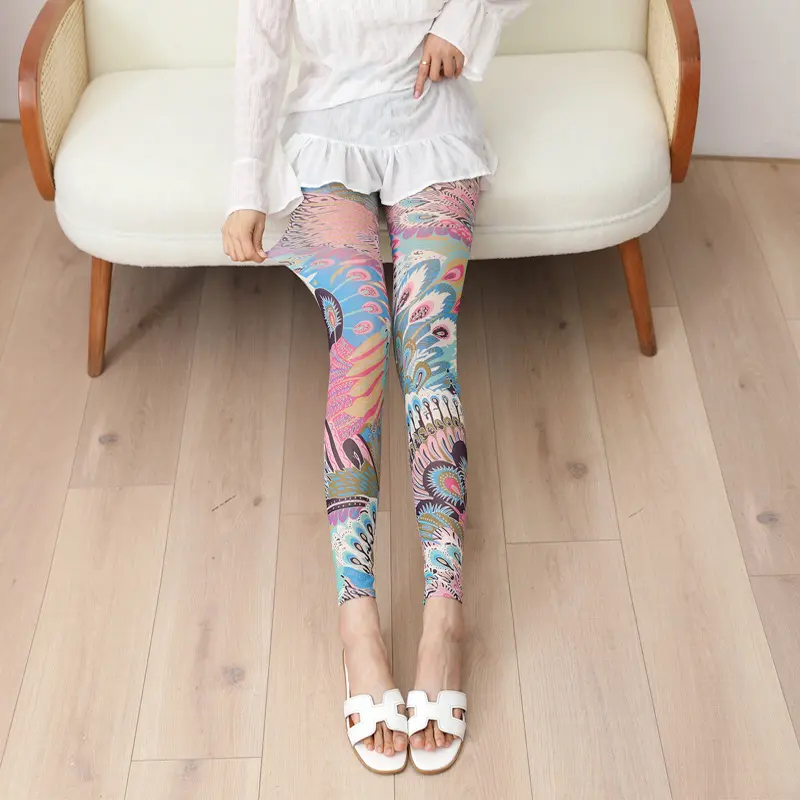 Women Trendy and Fashionable Printed Mesh Leggings, Ice Silk Flower Cartoon Shorts,Sexy Girl Fitness Elastic Pants