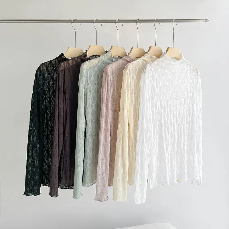 Mesh Long Sleeve Tops for Women, Lace Top, Sexy Mock Neck Sheer Blouse, Mesh Top, Romantic See Through Tops