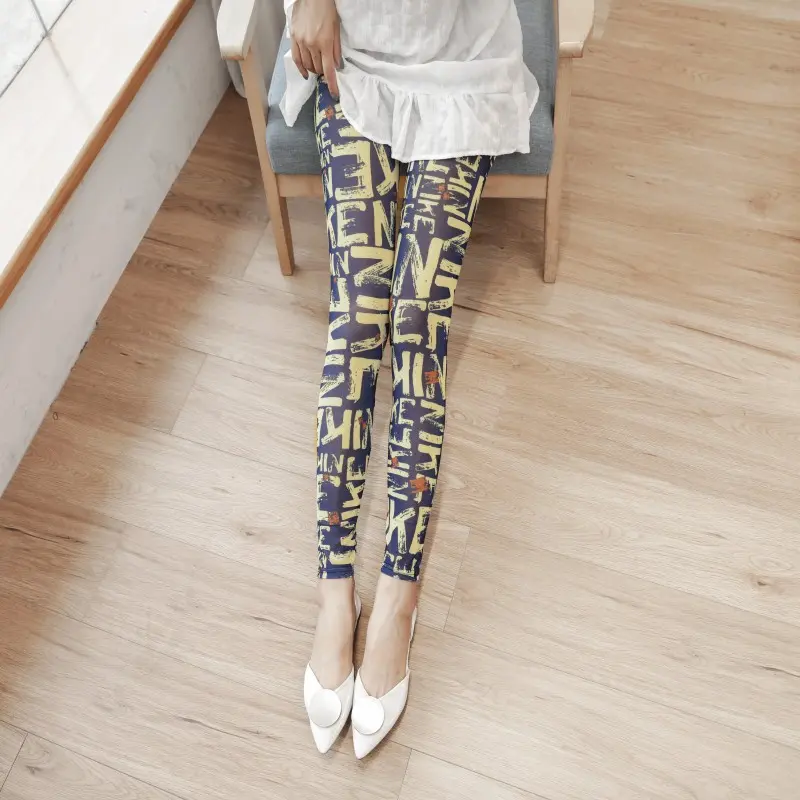 Printed Mesh Leggings Summer Sunscreen Ultra-thin High Elastic Pants,Fashion Pattern Print Fitness Leggings for Women
