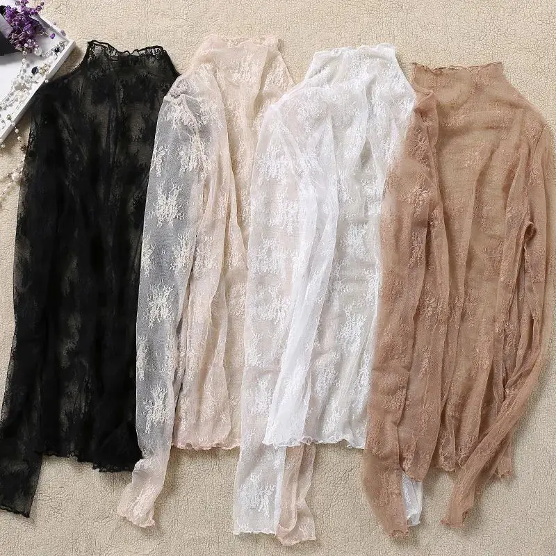 Womens Mesh Sheer Long Sleeve Crop Tops Mock Neck Sexy See Through Tee Shirts Lace Floral Y2K Layering Top Blouses