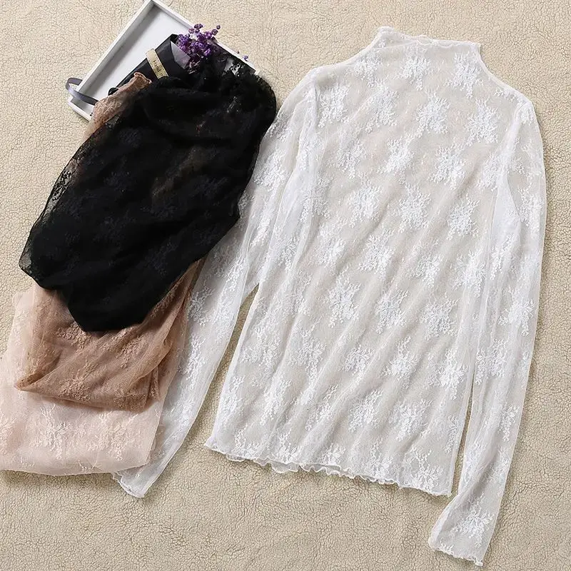 Womens Mesh Sheer Long Sleeve Crop Tops Mock Neck Sexy See Through Tee Shirts Lace Floral Y2K Layering Top Blouses
