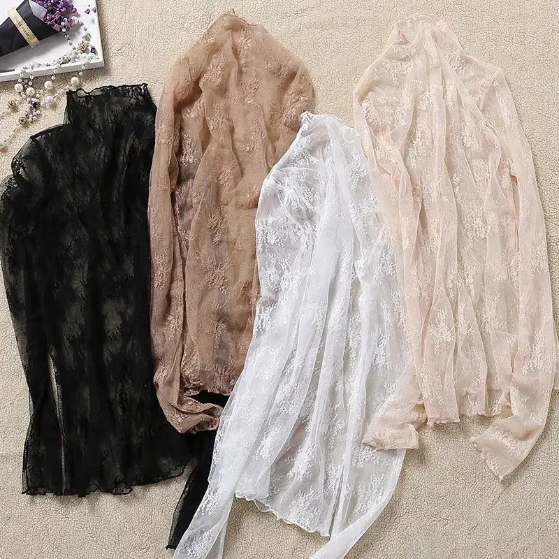Womens Mesh Sheer Long Sleeve Crop Tops Mock Neck Sexy See Through Tee Shirts Lace Floral Y2K Layering Top Blouses