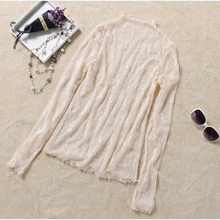 Womens Mesh Sheer Long Sleeve Crop Tops Mock Neck Sexy See Through Tee Shirts Lace Floral Y2K Layering Top Blouses