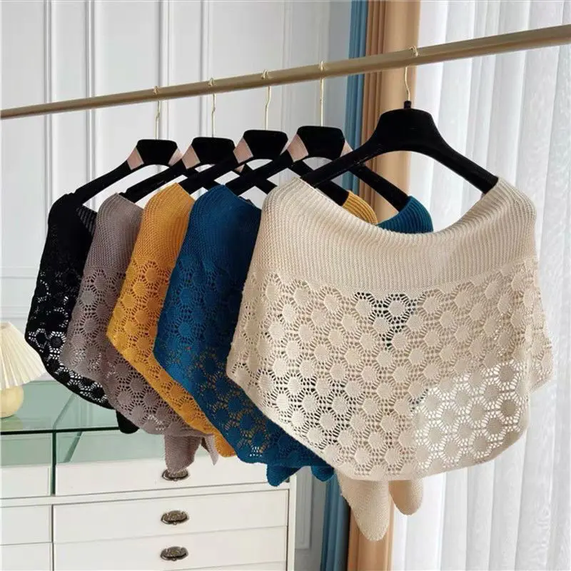 Women Shrugs Lace Hollow Out Female Summer Casual All-match Shawls Simple Scarf-collar Sleeveless Knitted Tops Korean Style Chic
