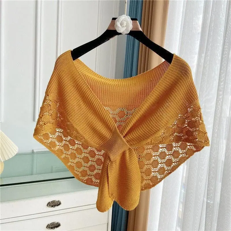 Women Shrugs Lace Hollow Out Female Summer Casual All-match Shawls Simple Scarf-collar Sleeveless Knitted Tops Korean Style Chic