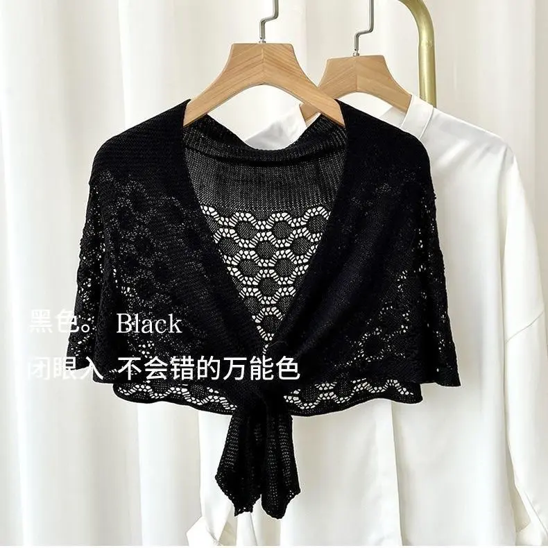 Women Shrugs Lace Hollow Out Female Summer Casual All-match Shawls Simple Scarf-collar Sleeveless Knitted Tops Korean Style Chic