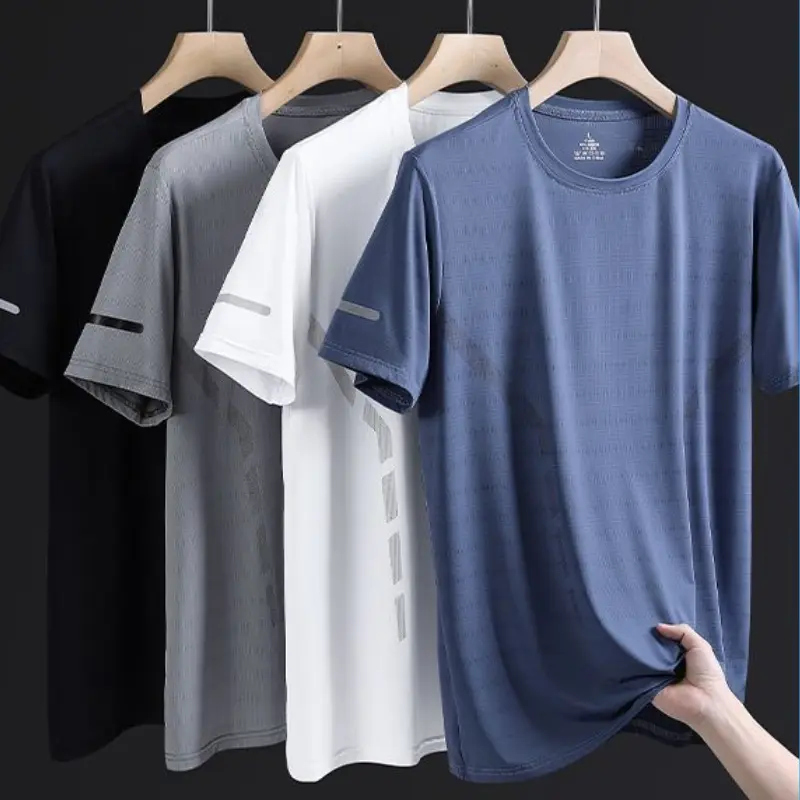 Summer Ice Silk Short Sleeves Men Casual Oversized T-shirt Quick Dry Sports Breathable Round Neck Thin Loose-fit Top Cpe Unisex