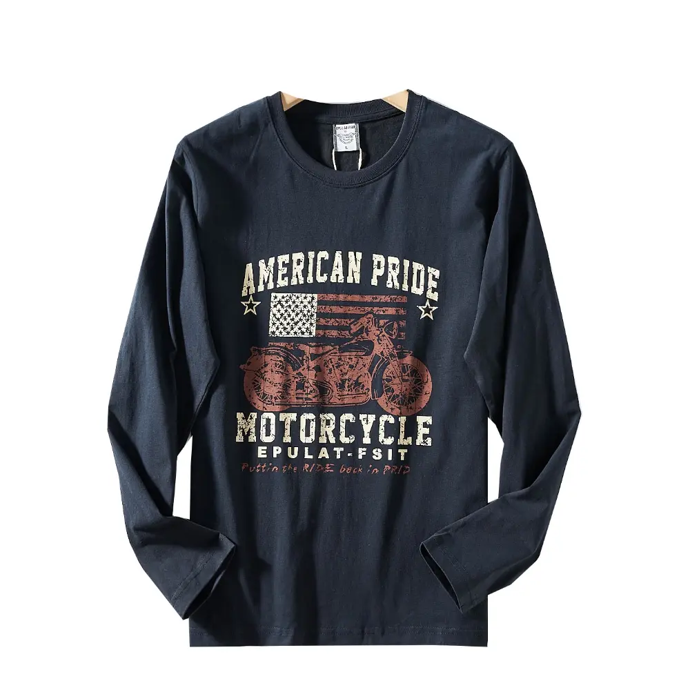 Autumn New American Retro Long Sleeve O-neck Letter Graphic Printed T-shirts Men's Fashion 100% Cotton Washed Casual Youth Tops