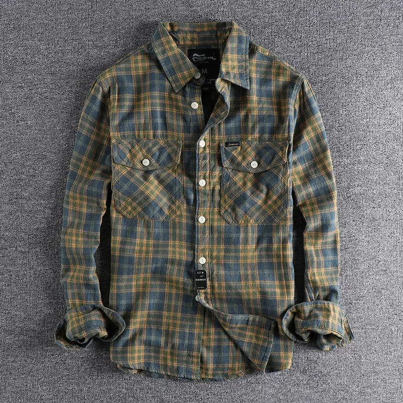 Autumn American Retro Tooling Plaid Shirt Men's Fashion Frosted Flannel Pure Cotton Washed Old Pocket Long Sleeve Casual Blouses