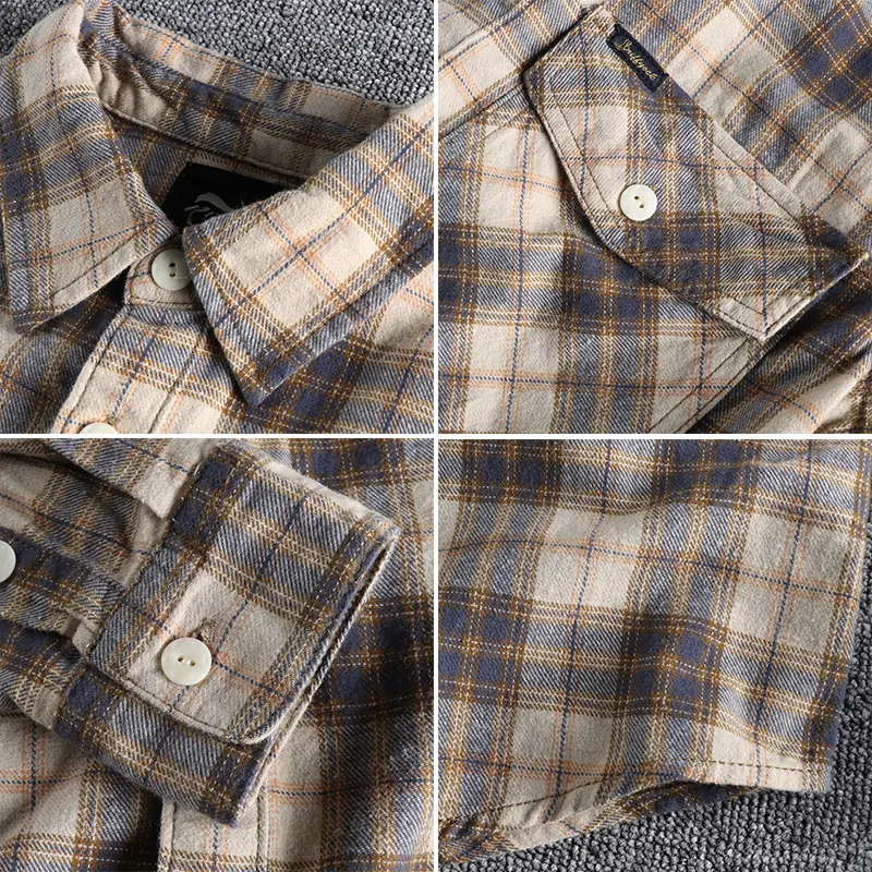 Autumn American Retro Tooling Plaid Shirt Men's Fashion Frosted Flannel Pure Cotton Washed Old Pocket Long Sleeve Casual Blouses