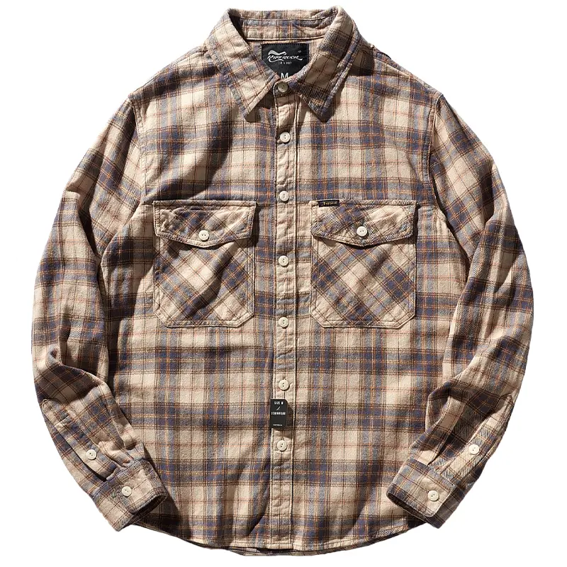 Autumn American Retro Tooling Plaid Shirt Men's Fashion Frosted Flannel Pure Cotton Washed Old Pocket Long Sleeve Casual Blouses