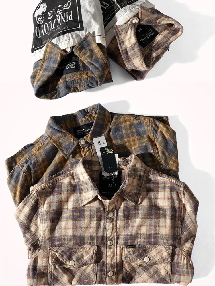 Autumn American Retro Tooling Plaid Shirt Men's Fashion Frosted Flannel Pure Cotton Washed Old Pocket Long Sleeve Casual Blouses