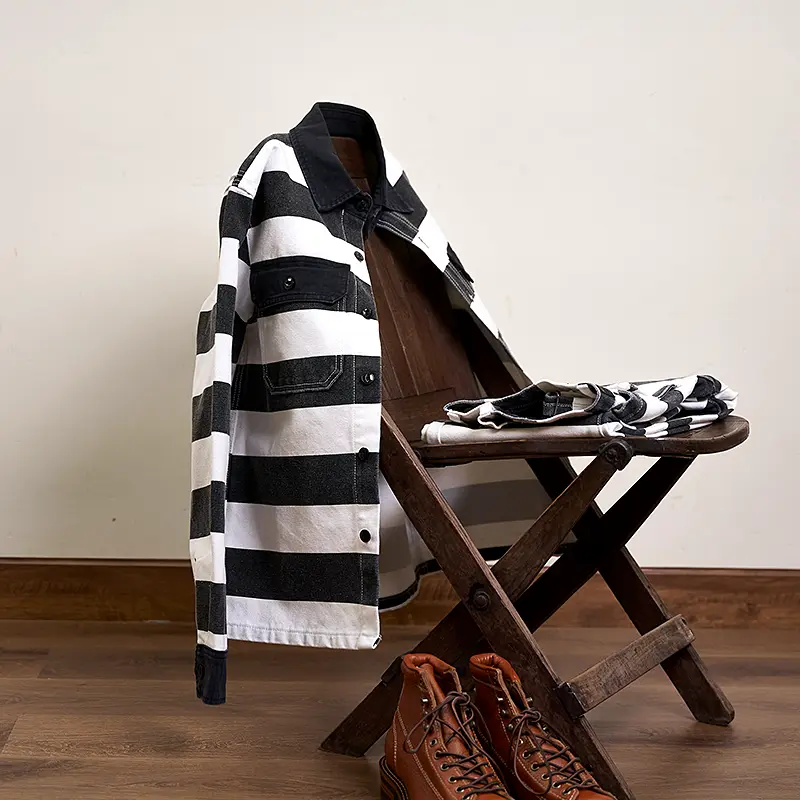 Autumn New American Retro 16oz Heavyweight Prisoner Striped Jacket Men's Fashion Pure Cotton Washed Thick Canvas Motorcycle Coat