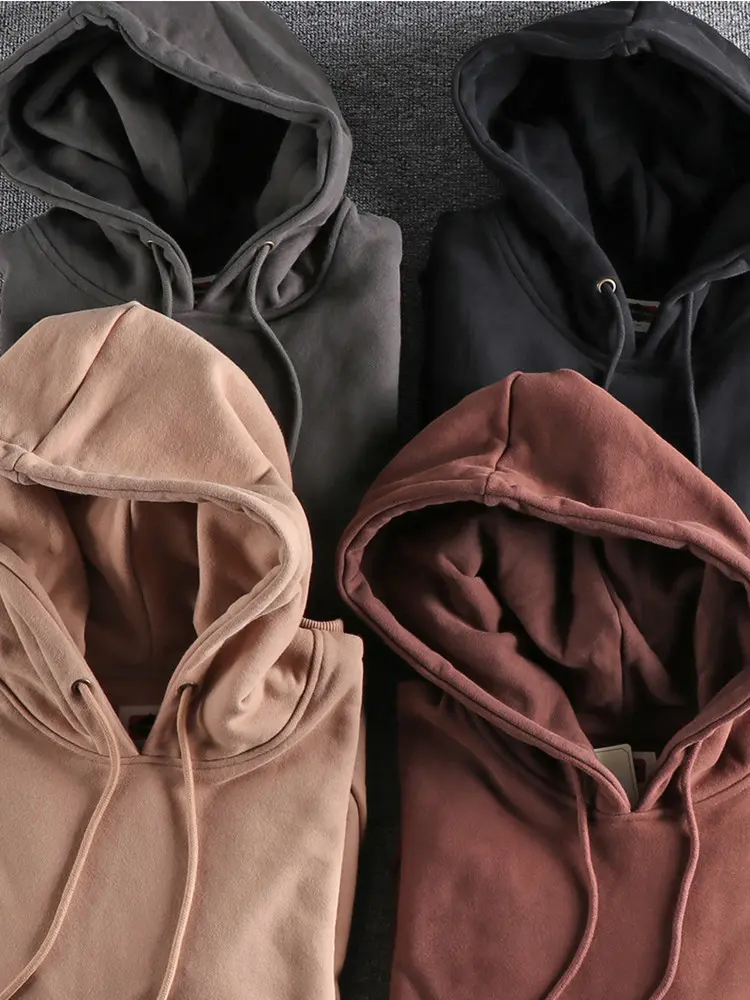 Autumn Winter American Retro Heavyweight Velvet Hooded Hoodies Men's Fashion Pure Cotton Thick Loose Pullover Youth Sweatshirt