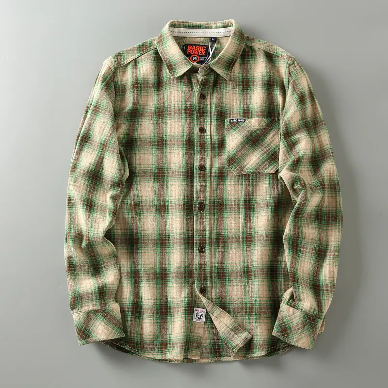 Autumn Korean Simple Youth Long-Sleeve Flannel Plaid Tooling Blouses Pure Cotton Washed Old Men's Fashion Multi-pocket Shirt