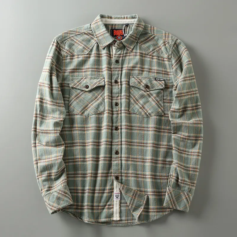 Autumn Korean Simple Youth Long-Sleeve Flannel Plaid Tooling Blouses Pure Cotton Washed Old Men's Fashion Multi-pocket Shirt